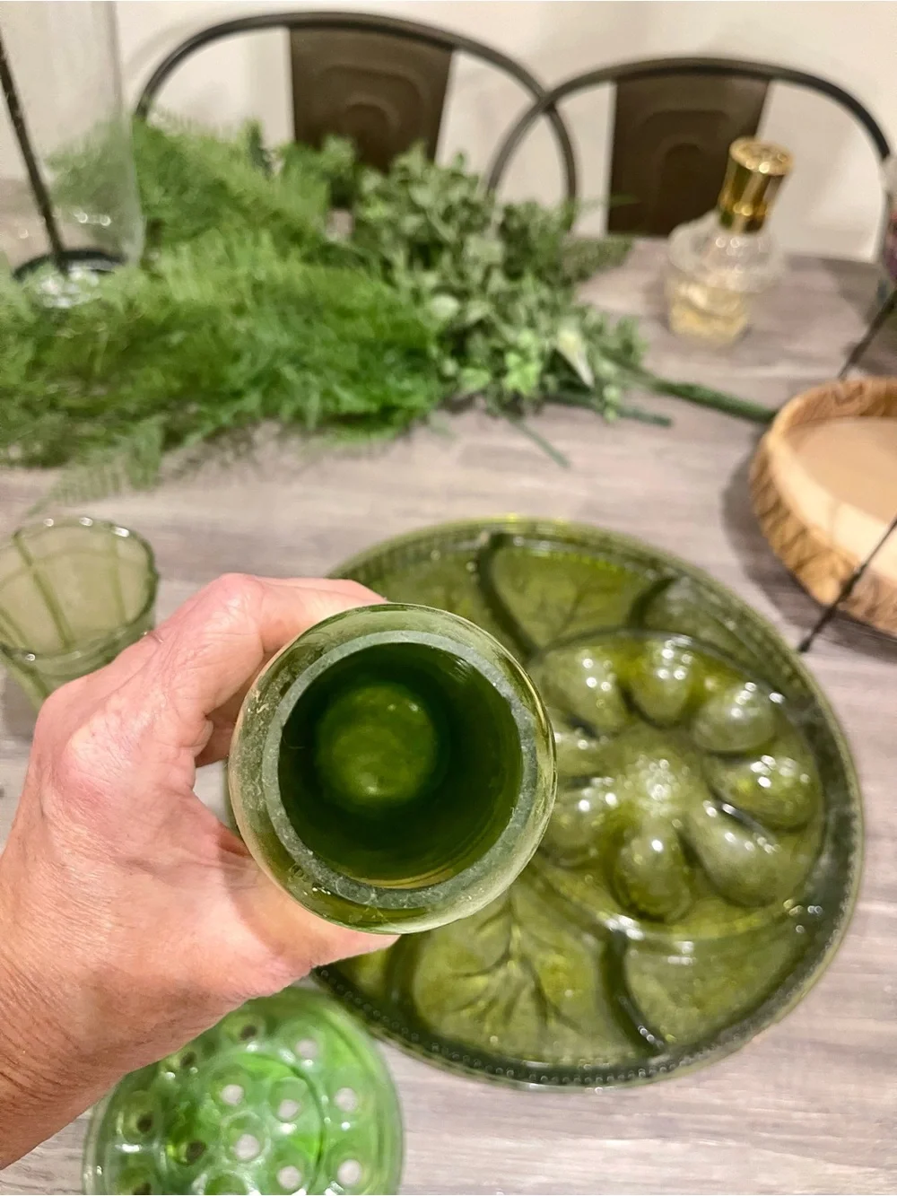 Etienne Aigner Olive Green Glass Divided Serving Platter, Vases and Flower divid